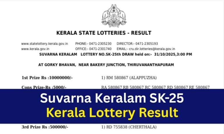 Kerala Lottery Suvarna Keralam SK-25 Result Today 31/10/2025: ₹1 cr first prize for RM 580867 | Check complete list